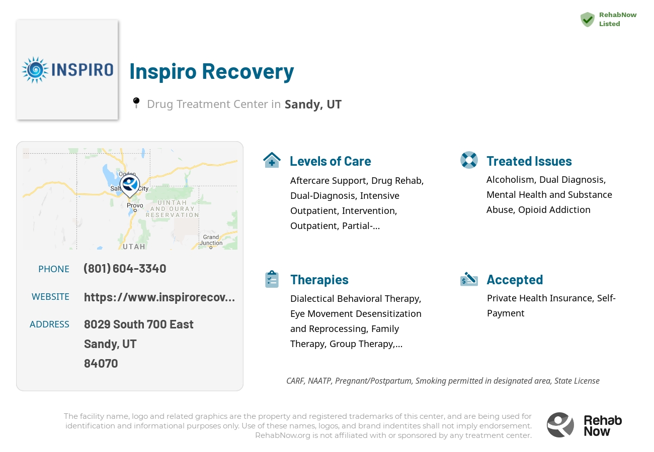 Helpful reference information for Inspiro Recovery, a drug treatment center in Utah located at: 8029 8029 South 700 East, Sandy, UT 84070, including phone numbers, official website, and more. Listed briefly is an overview of Levels of Care, Therapies Offered, Issues Treated, and accepted forms of Payment Methods.