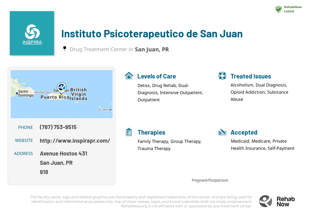 Helpful reference information for Instituto Psicoterapeutico de San Juan, a drug treatment center in Puerto Rico located at: Avenue Hostos 431, San Juan, PR, 00918, including phone numbers, official website, and more. Listed briefly is an overview of Levels of Care, Therapies Offered, Issues Treated, and accepted forms of Payment Methods.