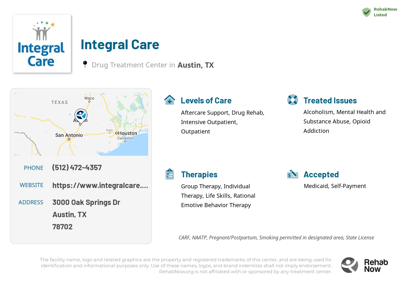 Helpful reference information for Integral Care, a drug treatment center in Texas located at: 3000 Oak Springs Dr, Austin, TX 78702, including phone numbers, official website, and more. Listed briefly is an overview of Levels of Care, Therapies Offered, Issues Treated, and accepted forms of Payment Methods.