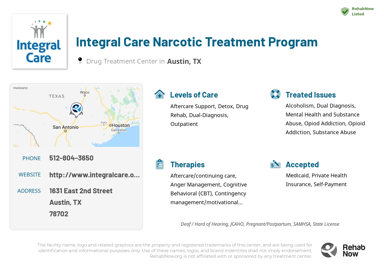 Helpful reference information for Integral Care Narcotic Treatment Program, a drug treatment center in Texas located at: 1631 East 2nd Street, Austin, TX, 78702, including phone numbers, official website, and more. Listed briefly is an overview of Levels of Care, Therapies Offered, Issues Treated, and accepted forms of Payment Methods.
