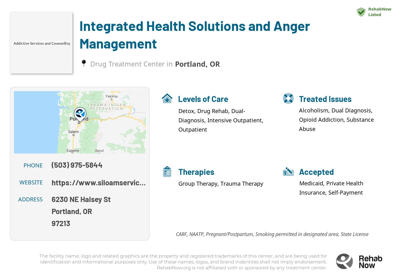 Helpful reference information for Integrated Health Solutions and Anger Management, a drug treatment center in Oregon located at: 6230 NE Halsey St, Portland, OR 97213, including phone numbers, official website, and more. Listed briefly is an overview of Levels of Care, Therapies Offered, Issues Treated, and accepted forms of Payment Methods.