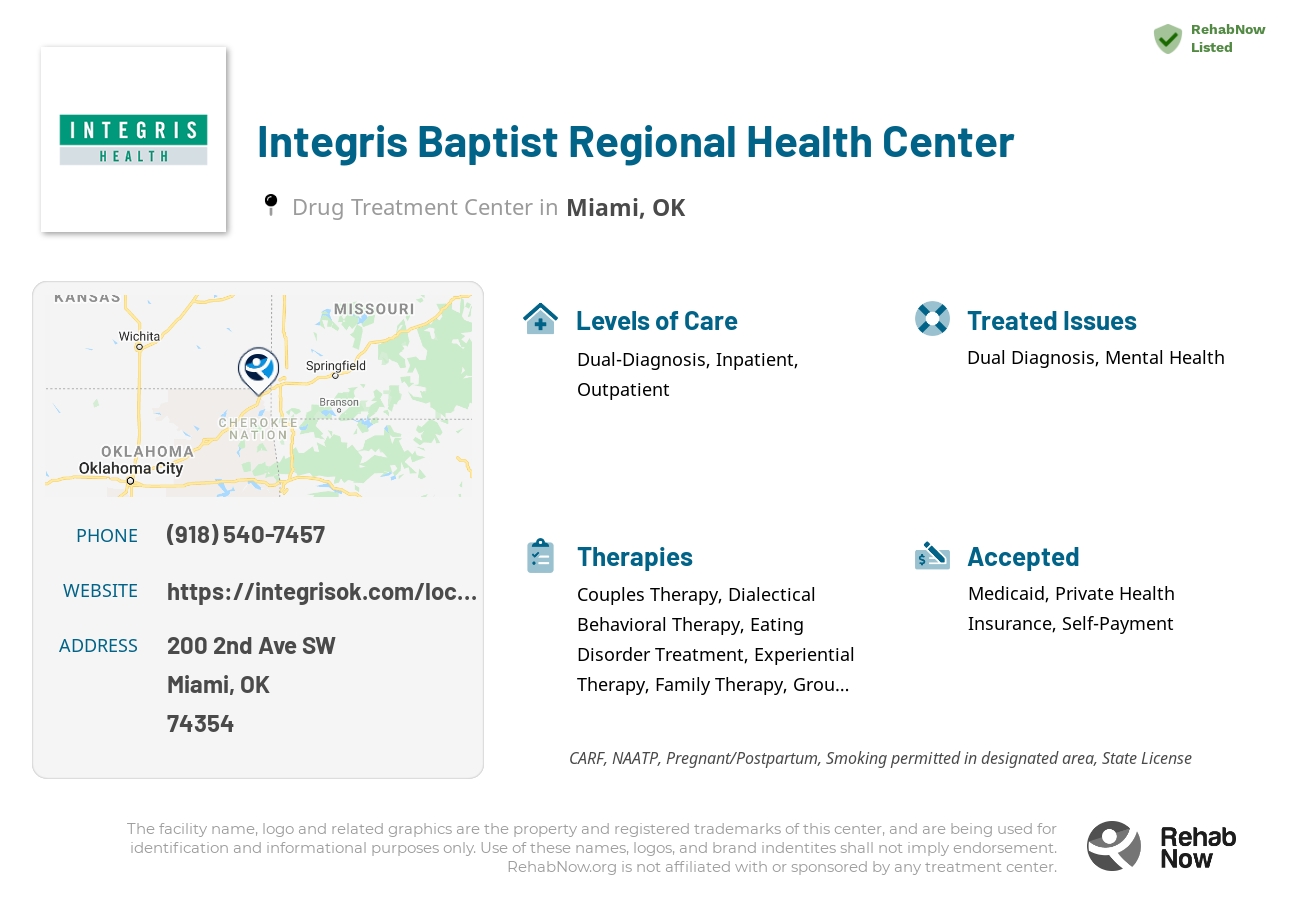 Helpful reference information for Integris Baptist Regional Health Center, a drug treatment center in Oklahoma located at: 200 2nd Ave SW, Miami, OK 74354, including phone numbers, official website, and more. Listed briefly is an overview of Levels of Care, Therapies Offered, Issues Treated, and accepted forms of Payment Methods.