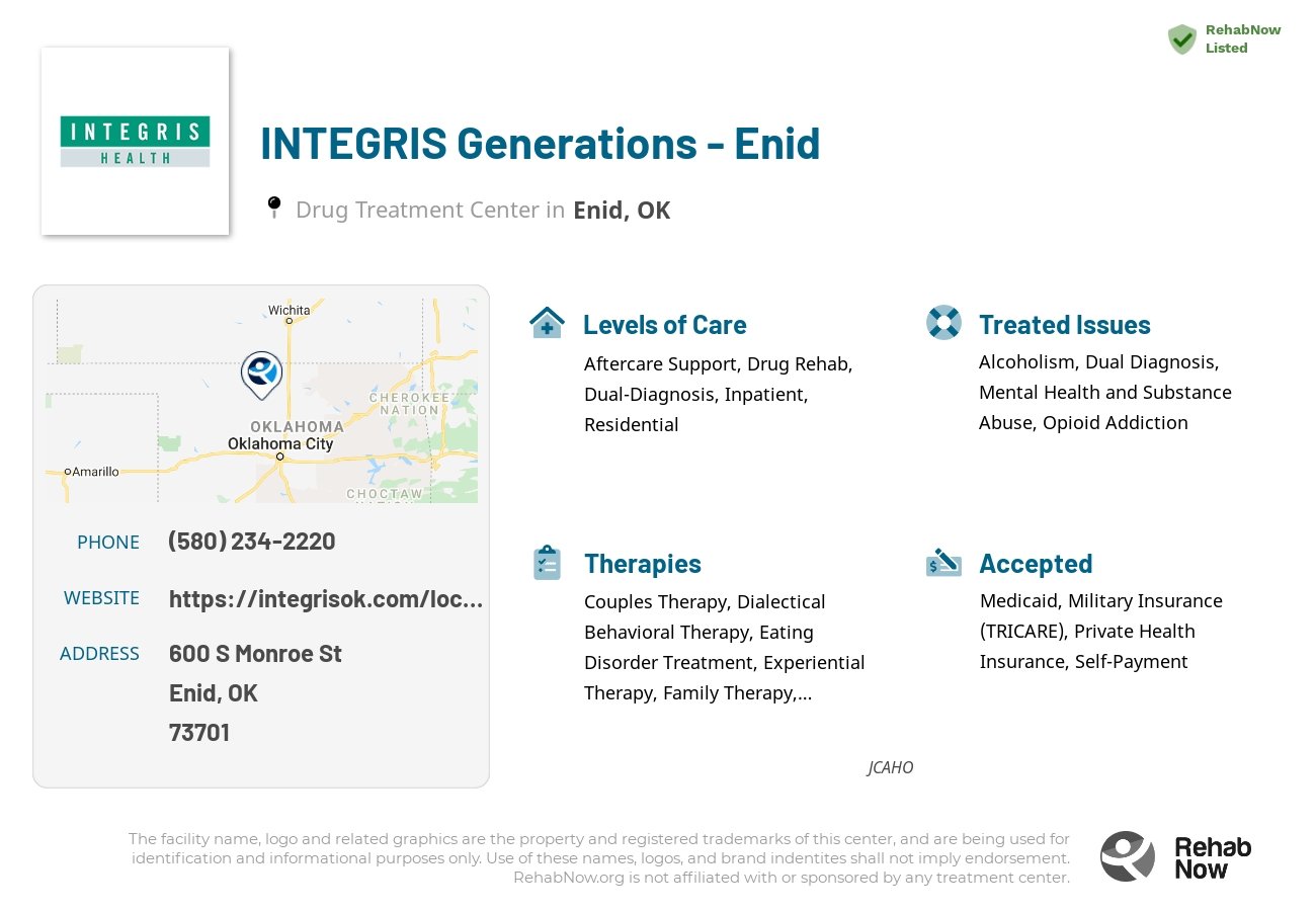 Helpful reference information for INTEGRIS Generations - Enid, a drug treatment center in Oklahoma located at: 600 S Monroe St, Enid, OK 73701, including phone numbers, official website, and more. Listed briefly is an overview of Levels of Care, Therapies Offered, Issues Treated, and accepted forms of Payment Methods.