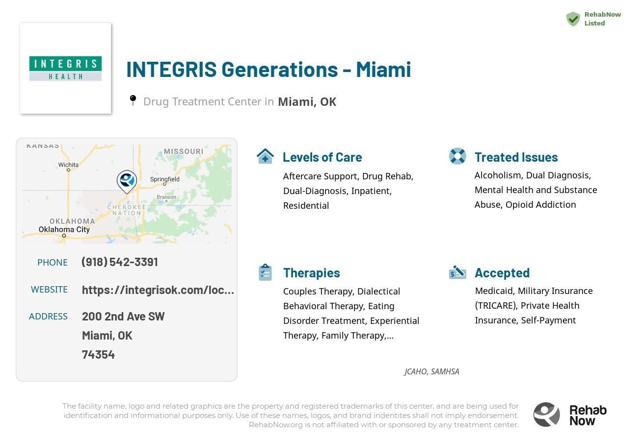 Helpful reference information for INTEGRIS Generations - Miami, a drug treatment center in Oklahoma located at: 200 2nd Ave SW, Miami, OK 74354, including phone numbers, official website, and more. Listed briefly is an overview of Levels of Care, Therapies Offered, Issues Treated, and accepted forms of Payment Methods.