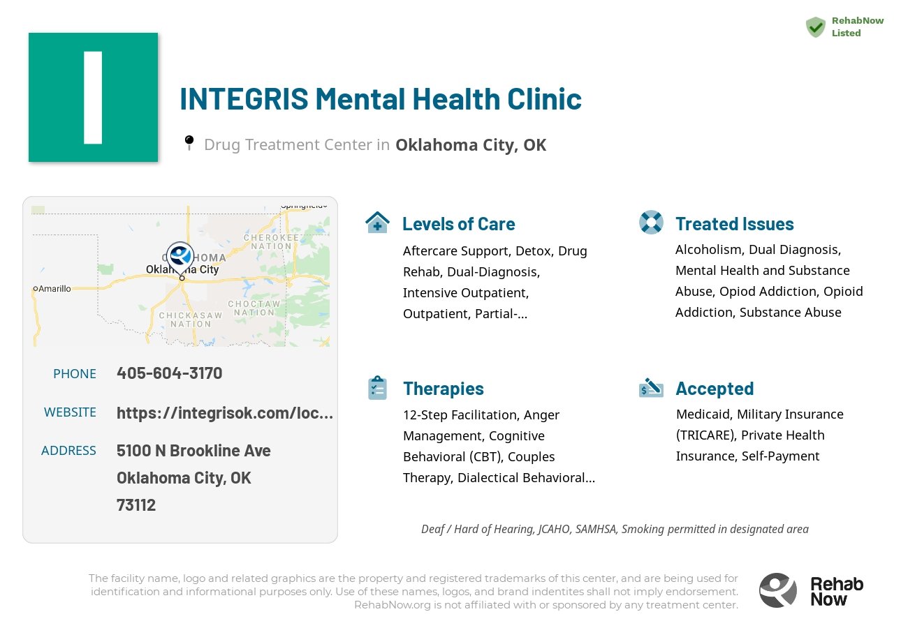 Helpful reference information for INTEGRIS Mental Health Clinic, a drug treatment center in Oklahoma located at: 5100 N Brookline Ave, Oklahoma City, OK 73112, including phone numbers, official website, and more. Listed briefly is an overview of Levels of Care, Therapies Offered, Issues Treated, and accepted forms of Payment Methods.