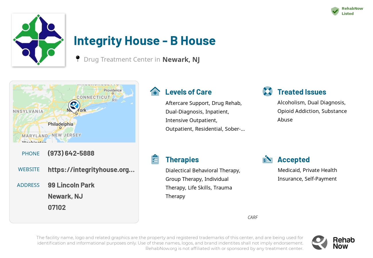 Helpful reference information for Integrity House - B House, a drug treatment center in New Jersey located at: 99 Lincoln Park, Newark, NJ 07102, including phone numbers, official website, and more. Listed briefly is an overview of Levels of Care, Therapies Offered, Issues Treated, and accepted forms of Payment Methods.