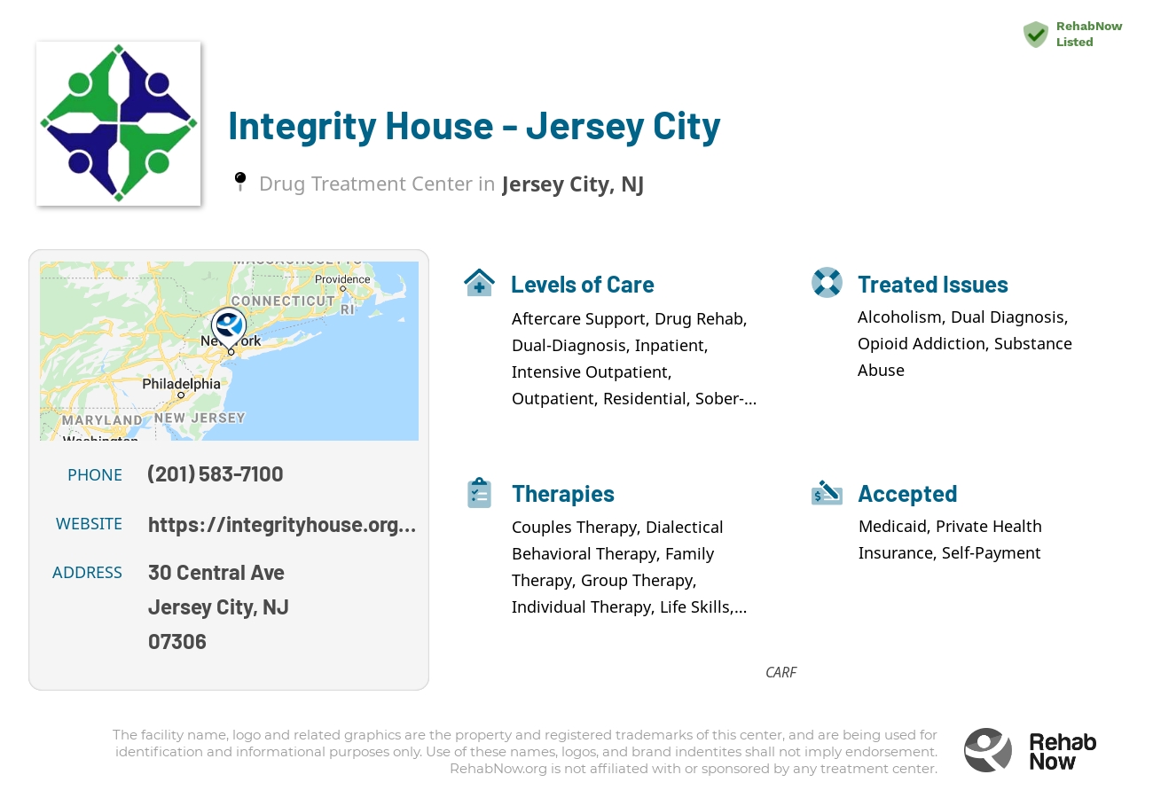 Helpful reference information for Integrity House - Jersey City, a drug treatment center in New Jersey located at: 30 Central Ave, Jersey City, NJ 07306, including phone numbers, official website, and more. Listed briefly is an overview of Levels of Care, Therapies Offered, Issues Treated, and accepted forms of Payment Methods.