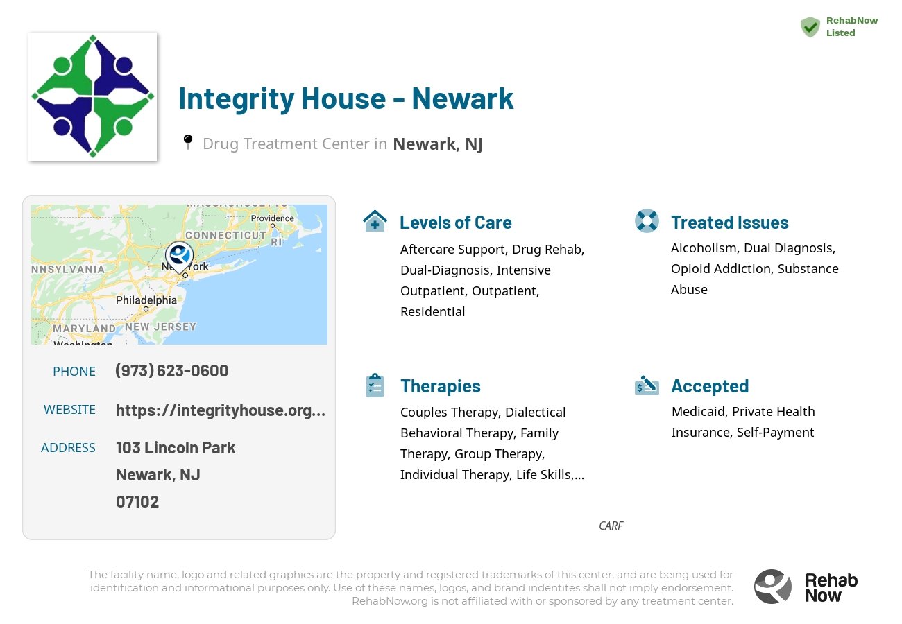 Helpful reference information for Integrity House - Newark, a drug treatment center in New Jersey located at: 103 Lincoln Park, Newark, NJ 07102, including phone numbers, official website, and more. Listed briefly is an overview of Levels of Care, Therapies Offered, Issues Treated, and accepted forms of Payment Methods.