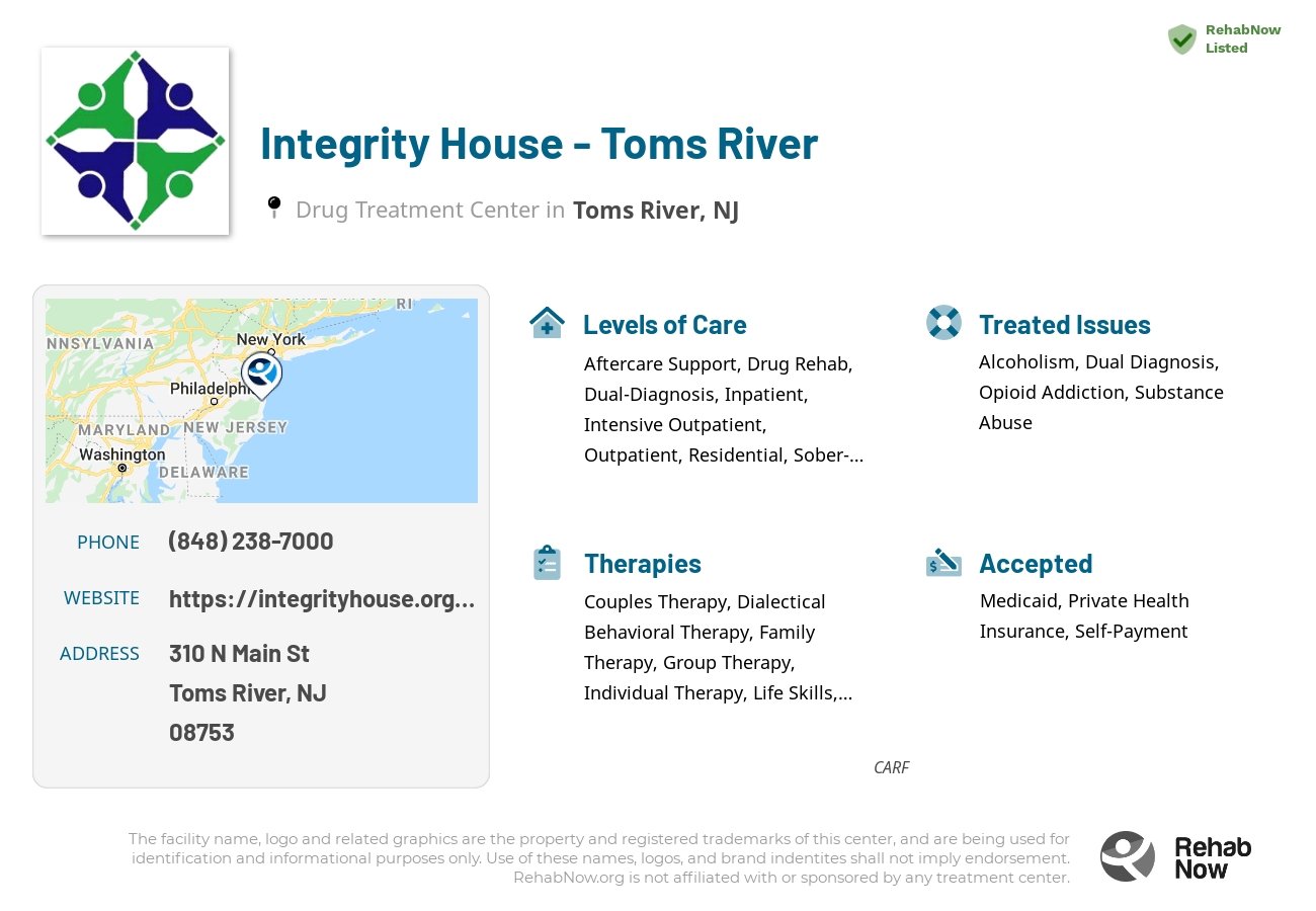 Helpful reference information for Integrity House - Toms River, a drug treatment center in New Jersey located at: 310 N Main St, Toms River, NJ 08753, including phone numbers, official website, and more. Listed briefly is an overview of Levels of Care, Therapies Offered, Issues Treated, and accepted forms of Payment Methods.