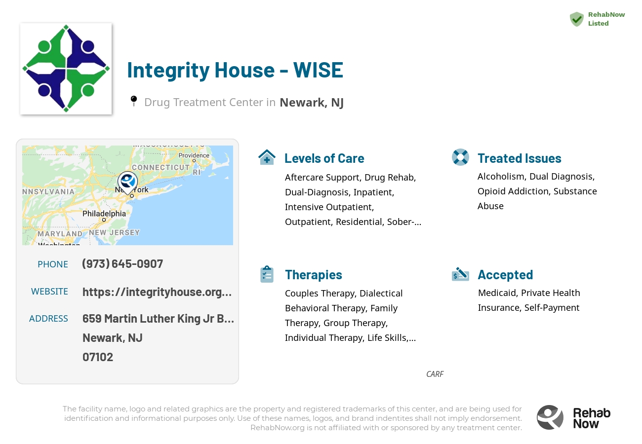 Helpful reference information for Integrity House - WISE, a drug treatment center in New Jersey located at: 659 Martin Luther King Jr Blvd, Newark, NJ 07102, including phone numbers, official website, and more. Listed briefly is an overview of Levels of Care, Therapies Offered, Issues Treated, and accepted forms of Payment Methods.