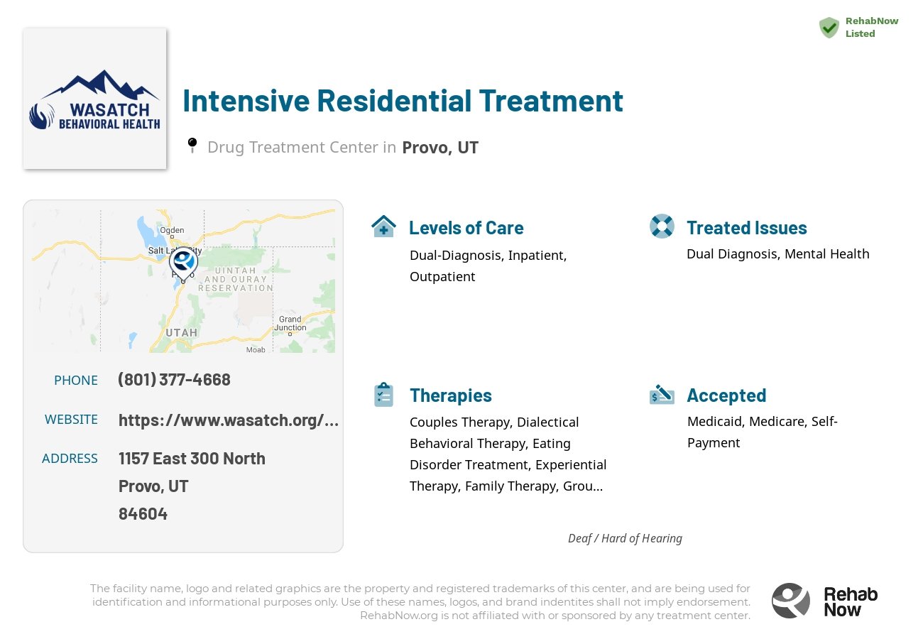 Helpful reference information for Intensive Residential Treatment, a drug treatment center in Utah located at: 1157 1157 East 300 North, Provo, UT 84604, including phone numbers, official website, and more. Listed briefly is an overview of Levels of Care, Therapies Offered, Issues Treated, and accepted forms of Payment Methods.