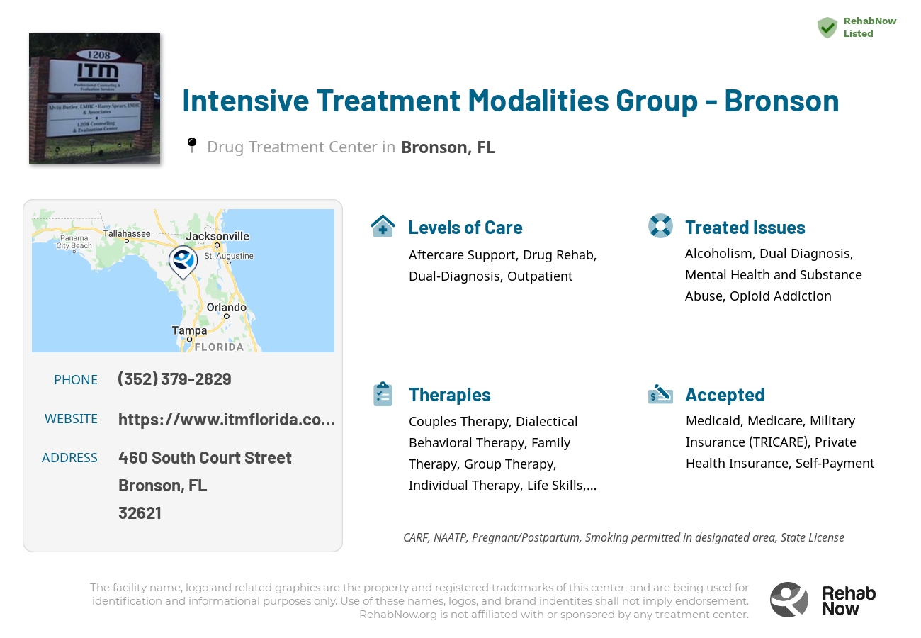 Helpful reference information for Intensive Treatment Modalities Group - Bronson, a drug treatment center in Florida located at: 460 South Court Street, Bronson, FL, 32621, including phone numbers, official website, and more. Listed briefly is an overview of Levels of Care, Therapies Offered, Issues Treated, and accepted forms of Payment Methods.