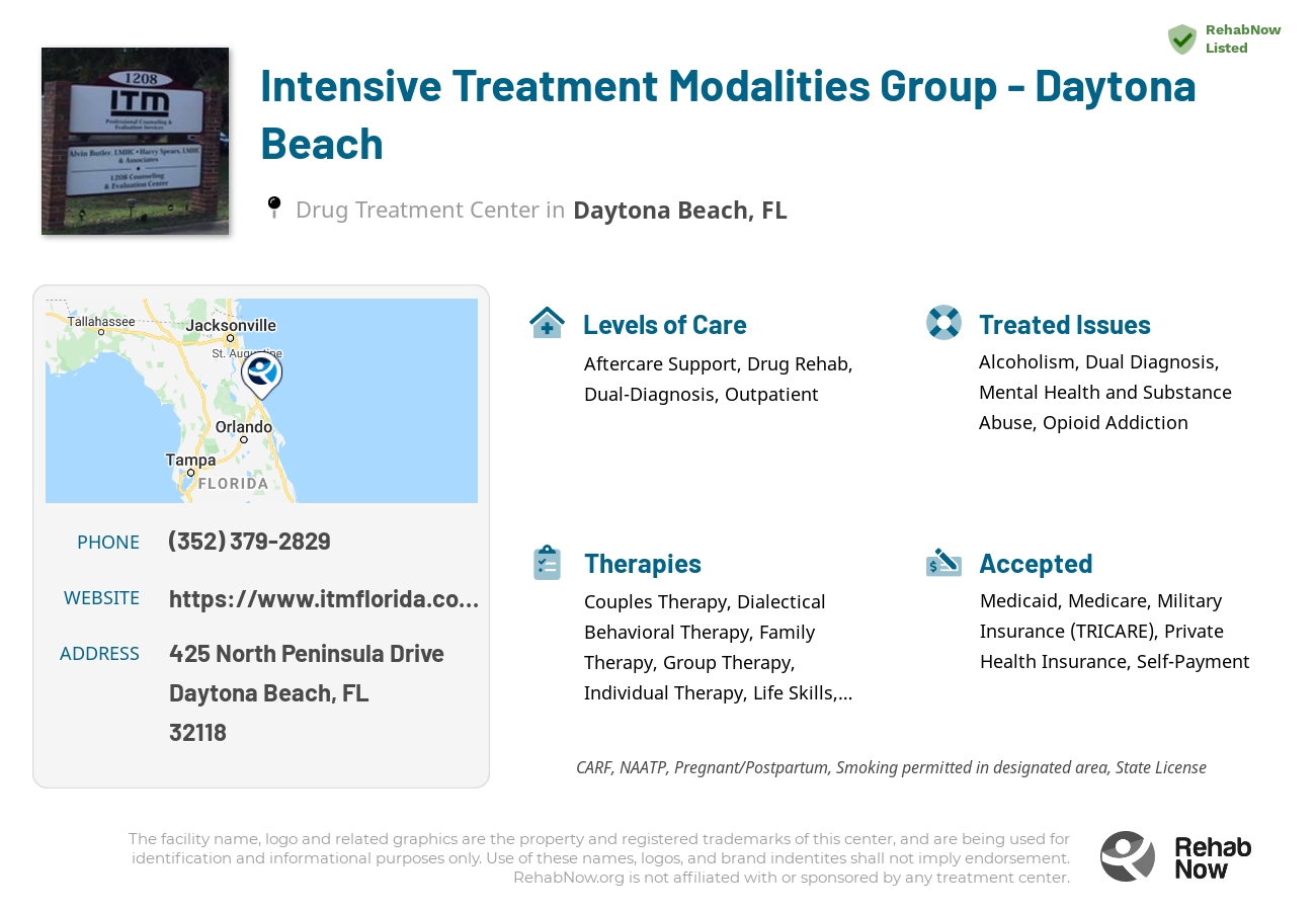 Helpful reference information for Intensive Treatment Modalities Group - Daytona Beach, a drug treatment center in Florida located at: 425 North Peninsula Drive, Daytona Beach, FL, 32118, including phone numbers, official website, and more. Listed briefly is an overview of Levels of Care, Therapies Offered, Issues Treated, and accepted forms of Payment Methods.
