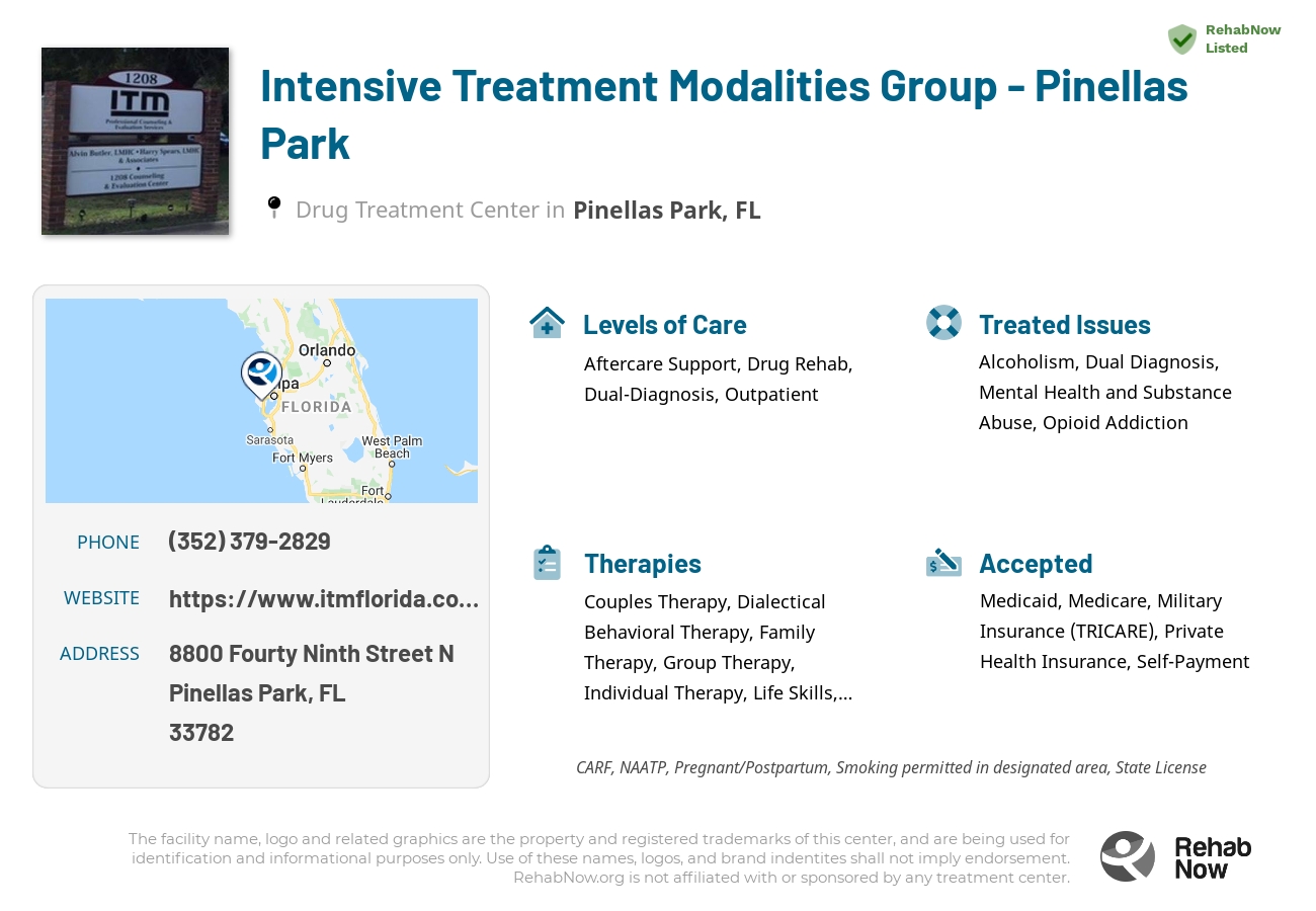 Helpful reference information for Intensive Treatment Modalities Group - Pinellas Park, a drug treatment center in Florida located at: 8800 Fourty Ninth Street N, Pinellas Park, FL, 33782, including phone numbers, official website, and more. Listed briefly is an overview of Levels of Care, Therapies Offered, Issues Treated, and accepted forms of Payment Methods.