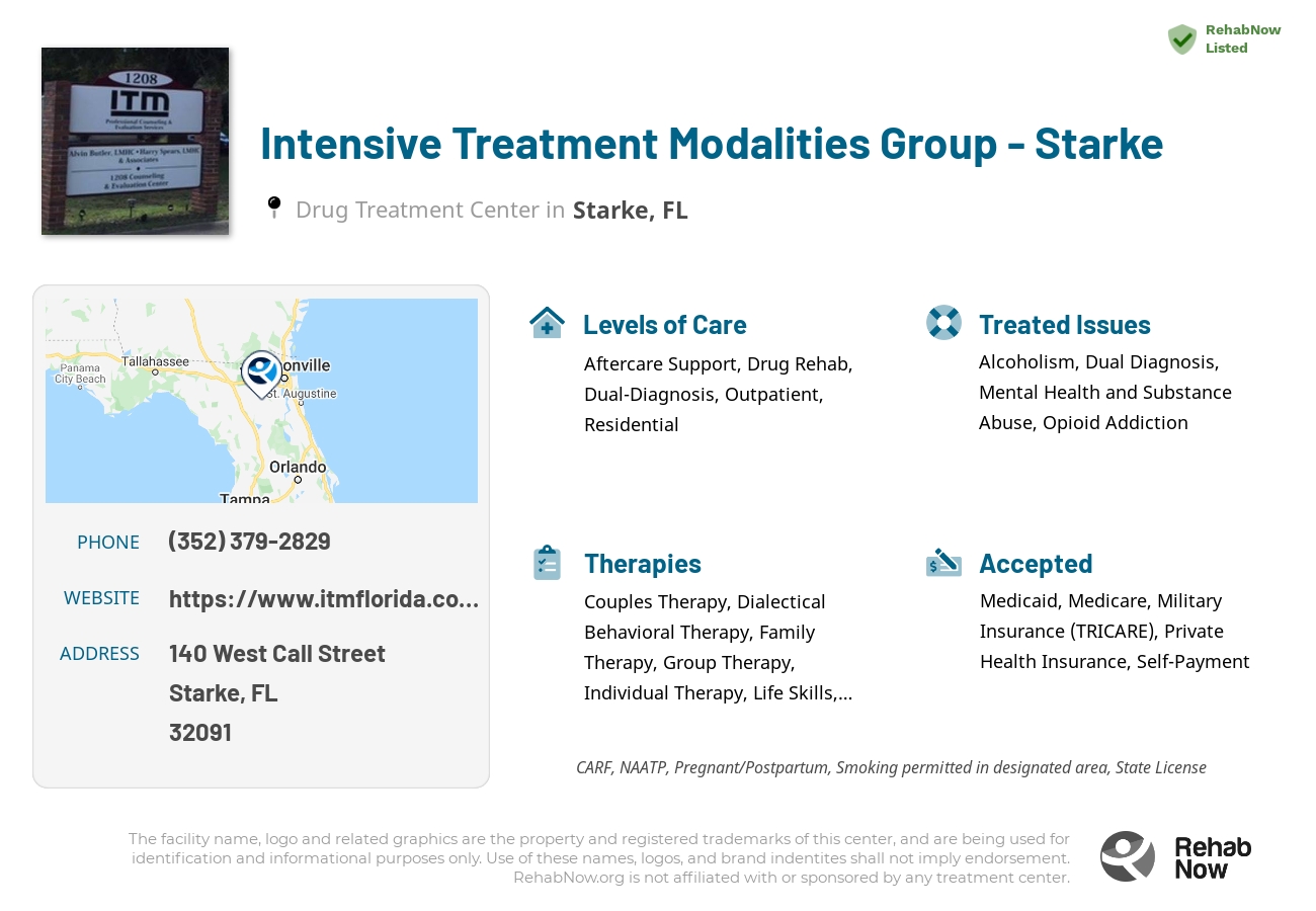 Helpful reference information for Intensive Treatment Modalities Group - Starke, a drug treatment center in Florida located at: 140 West Call Street, Starke, FL, 32091, including phone numbers, official website, and more. Listed briefly is an overview of Levels of Care, Therapies Offered, Issues Treated, and accepted forms of Payment Methods.