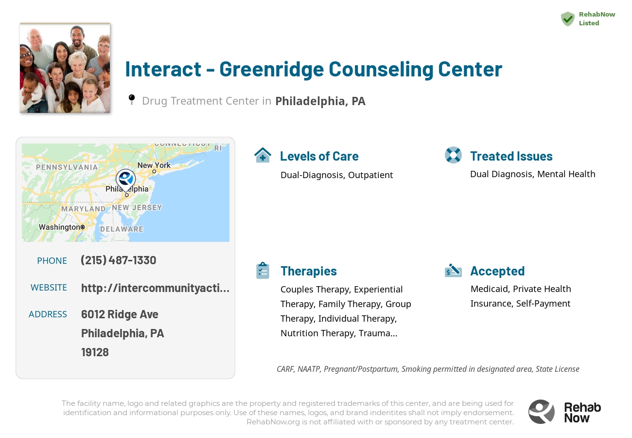 Helpful reference information for Interact - Greenridge Counseling Center, a drug treatment center in Pennsylvania located at: 6012 Ridge Ave, Philadelphia, PA 19128, including phone numbers, official website, and more. Listed briefly is an overview of Levels of Care, Therapies Offered, Issues Treated, and accepted forms of Payment Methods.