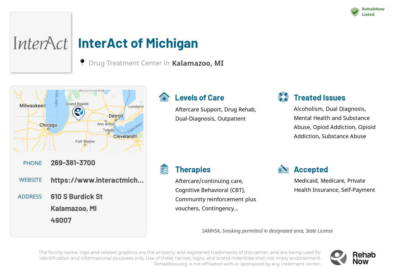 Helpful reference information for InterAct of Michigan, a drug treatment center in Michigan located at: 610 S Burdick St, Kalamazoo, MI 49007, including phone numbers, official website, and more. Listed briefly is an overview of Levels of Care, Therapies Offered, Issues Treated, and accepted forms of Payment Methods.