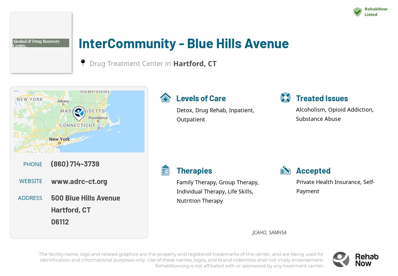 Helpful reference information for InterCommunity - Blue Hills Avenue, a drug treatment center in Connecticut located at: 500 Blue Hills Avenue, Hartford, CT, 06112, including phone numbers, official website, and more. Listed briefly is an overview of Levels of Care, Therapies Offered, Issues Treated, and accepted forms of Payment Methods.