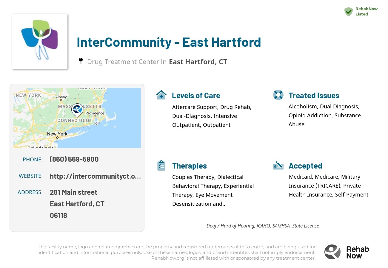 Helpful reference information for InterCommunity - East Hartford, a drug treatment center in Connecticut located at: 281 Main street, East Hartford, CT, 06118, including phone numbers, official website, and more. Listed briefly is an overview of Levels of Care, Therapies Offered, Issues Treated, and accepted forms of Payment Methods.