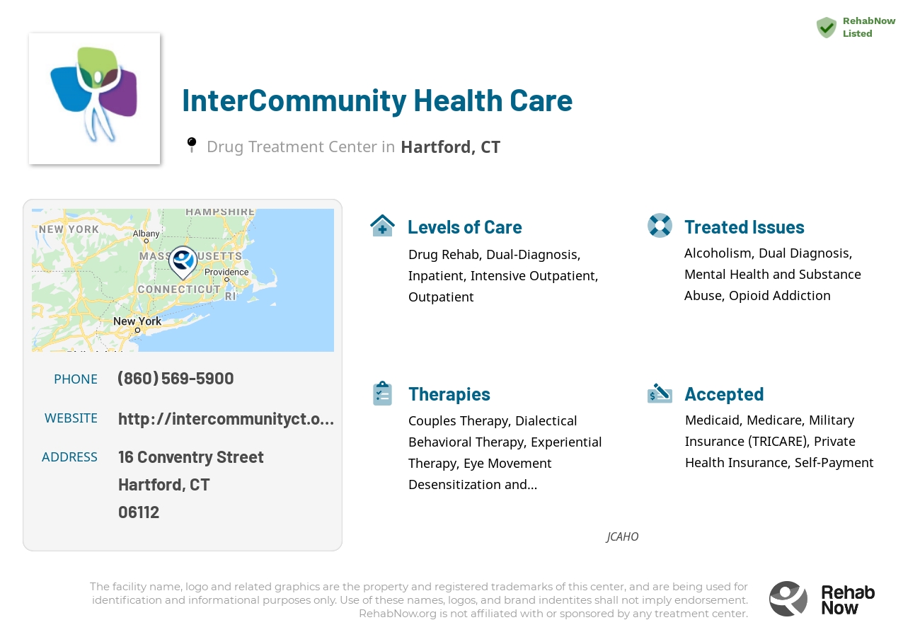 Helpful reference information for InterCommunity Health Care, a drug treatment center in Connecticut located at: 16 Conventry Street, Hartford, CT, 06112, including phone numbers, official website, and more. Listed briefly is an overview of Levels of Care, Therapies Offered, Issues Treated, and accepted forms of Payment Methods.