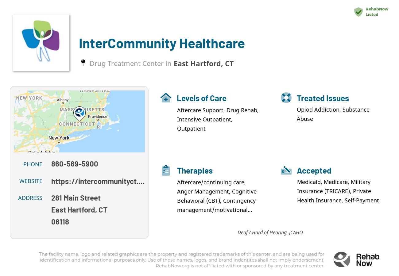 Helpful reference information for InterCommunity Healthcare, a drug treatment center in Connecticut located at: 281 Main Street, East Hartford, CT 06118, including phone numbers, official website, and more. Listed briefly is an overview of Levels of Care, Therapies Offered, Issues Treated, and accepted forms of Payment Methods.