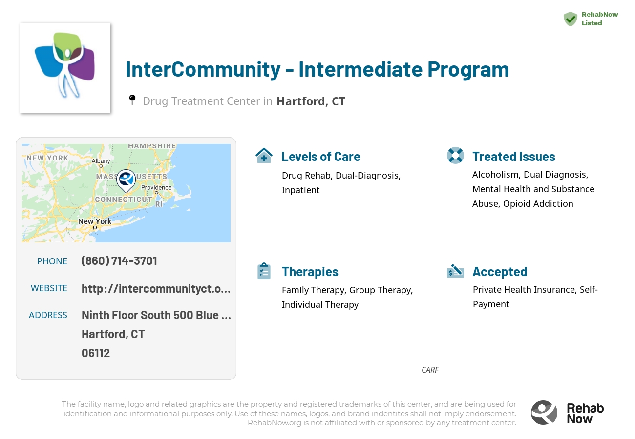 Helpful reference information for InterCommunity - Intermediate Program, a drug treatment center in Connecticut located at: Ninth Floor South 500 Blue Hills Avenue, Hartford, CT, 06112, including phone numbers, official website, and more. Listed briefly is an overview of Levels of Care, Therapies Offered, Issues Treated, and accepted forms of Payment Methods.