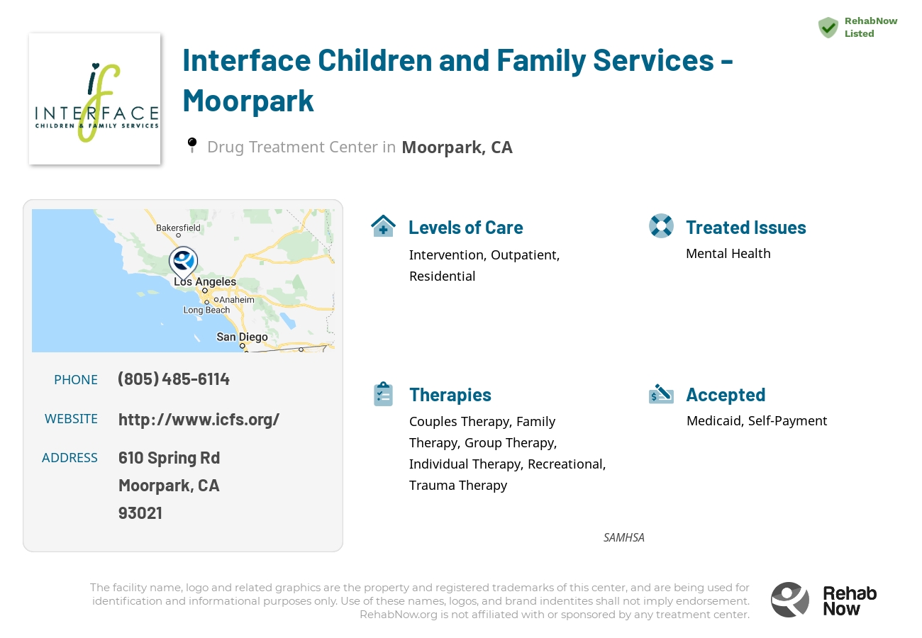 Helpful reference information for Interface Children and Family Services - Moorpark, a drug treatment center in California located at: 610 Spring Rd, Moorpark, CA 93021, including phone numbers, official website, and more. Listed briefly is an overview of Levels of Care, Therapies Offered, Issues Treated, and accepted forms of Payment Methods.