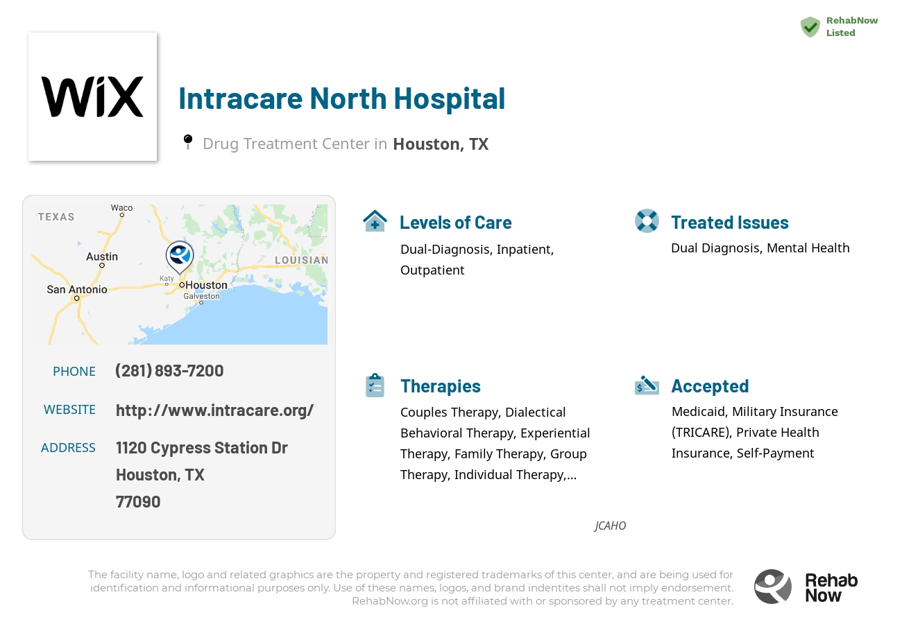 Helpful reference information for Intracare North Hospital, a drug treatment center in Texas located at: 1120 Cypress Station Dr, Houston, TX 77090, including phone numbers, official website, and more. Listed briefly is an overview of Levels of Care, Therapies Offered, Issues Treated, and accepted forms of Payment Methods.