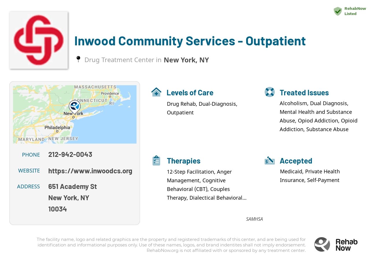 Helpful reference information for Inwood Community Services - Outpatient, a drug treatment center in New York located at: 651 Academy St, New York, NY 10034, including phone numbers, official website, and more. Listed briefly is an overview of Levels of Care, Therapies Offered, Issues Treated, and accepted forms of Payment Methods.