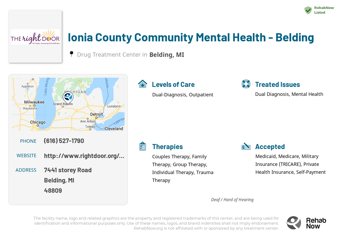 Helpful reference information for Ionia County Community Mental Health - Belding, a drug treatment center in Michigan located at: 7441 7441 storey Road, Belding, MI 48809, including phone numbers, official website, and more. Listed briefly is an overview of Levels of Care, Therapies Offered, Issues Treated, and accepted forms of Payment Methods.
