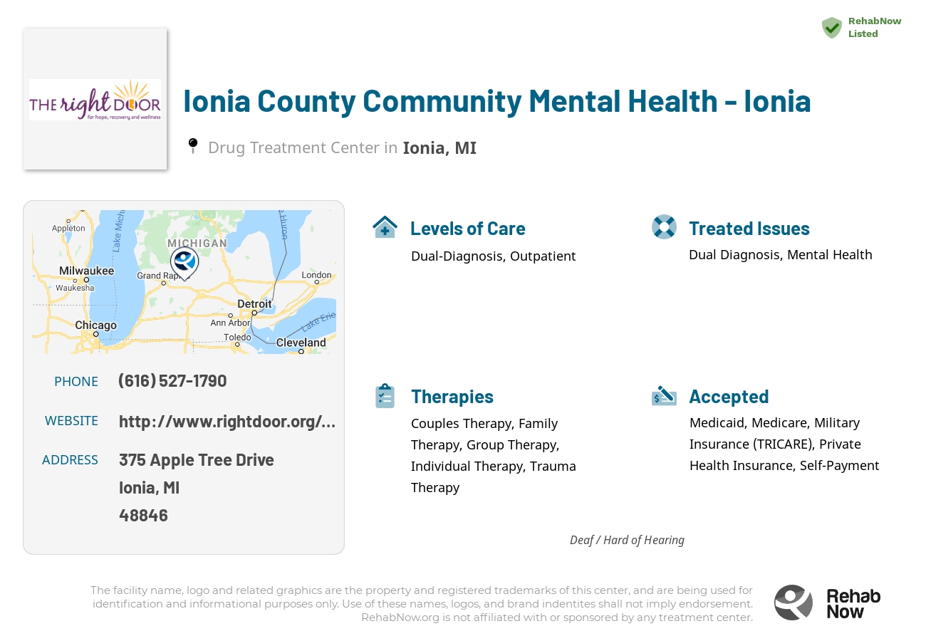 Helpful reference information for Ionia County Community Mental Health - Ionia, a drug treatment center in Michigan located at: 375 Apple Tree Drive, Ionia, MI 48846, including phone numbers, official website, and more. Listed briefly is an overview of Levels of Care, Therapies Offered, Issues Treated, and accepted forms of Payment Methods.