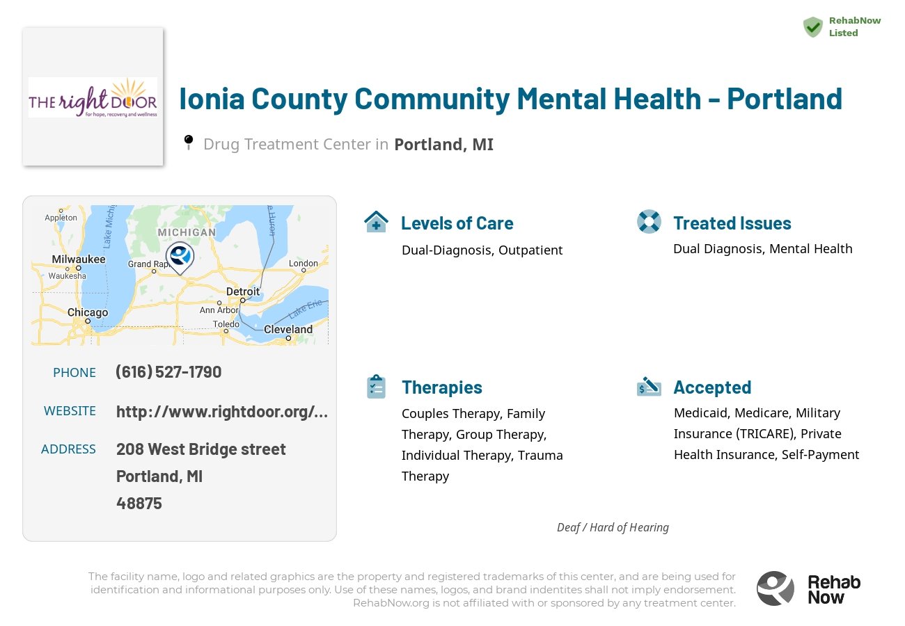 Helpful reference information for Ionia County Community Mental Health - Portland, a drug treatment center in Michigan located at: 208 208 West Bridge street, Portland, MI 48875, including phone numbers, official website, and more. Listed briefly is an overview of Levels of Care, Therapies Offered, Issues Treated, and accepted forms of Payment Methods.
