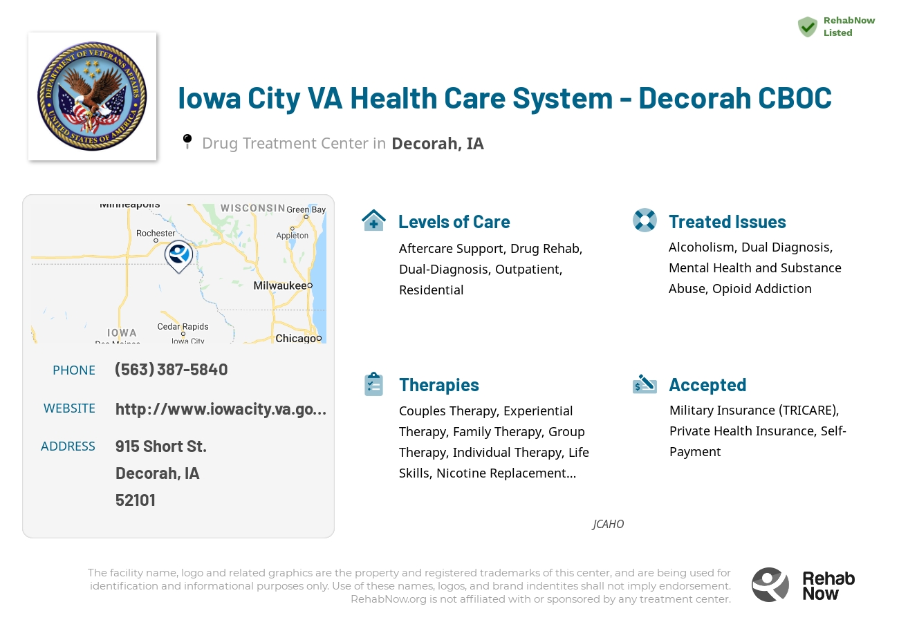 Helpful reference information for Iowa City VA Health Care System - Decorah CBOC, a drug treatment center in Iowa located at: 915 Short St., Decorah, IA, 52101, including phone numbers, official website, and more. Listed briefly is an overview of Levels of Care, Therapies Offered, Issues Treated, and accepted forms of Payment Methods.