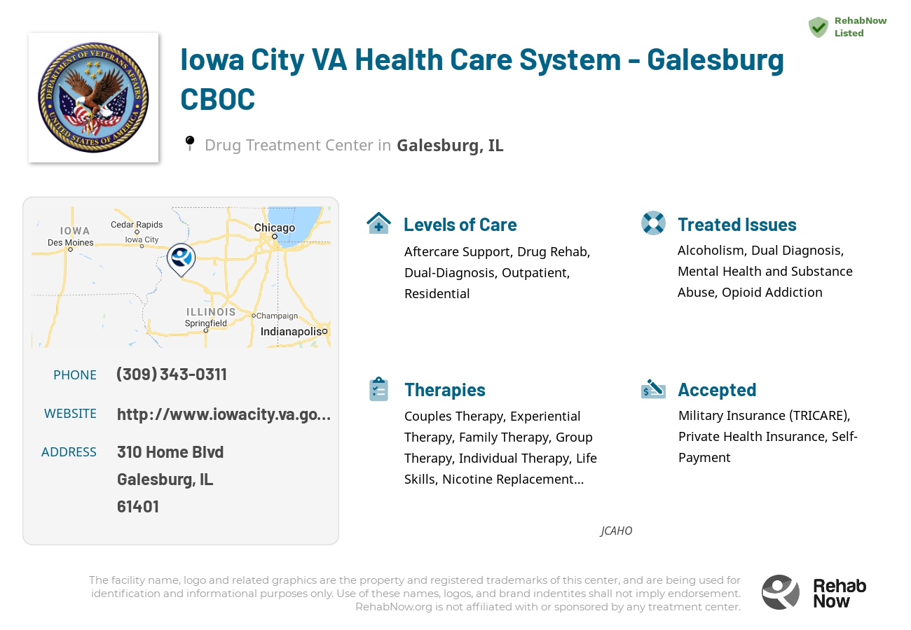 Helpful reference information for Iowa City VA Health Care System - Galesburg CBOC, a drug treatment center in Illinois located at: 310 Home Blvd, Galesburg, IL 61401, including phone numbers, official website, and more. Listed briefly is an overview of Levels of Care, Therapies Offered, Issues Treated, and accepted forms of Payment Methods.