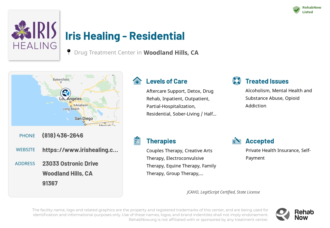 Helpful reference information for Iris Healing - Residential, a drug treatment center in California located at: 23033 Ostronic Drive, Woodland Hills, CA, 91367, including phone numbers, official website, and more. Listed briefly is an overview of Levels of Care, Therapies Offered, Issues Treated, and accepted forms of Payment Methods.