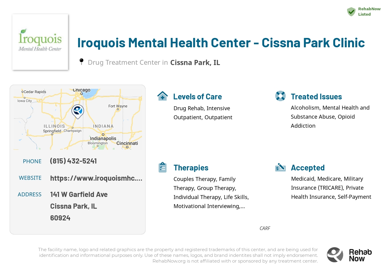 Helpful reference information for Iroquois Mental Health Center - Cissna Park Clinic, a drug treatment center in Illinois located at: 141 W Garfield Ave, Cissna Park, IL 60924, including phone numbers, official website, and more. Listed briefly is an overview of Levels of Care, Therapies Offered, Issues Treated, and accepted forms of Payment Methods.