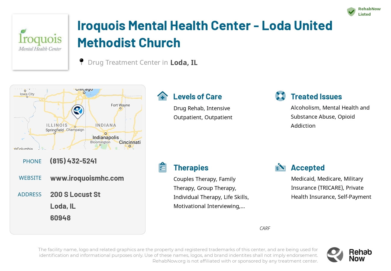 Helpful reference information for Iroquois Mental Health Center - Loda United Methodist Church, a drug treatment center in Illinois located at: 200 S Locust St, Loda, IL 60948, including phone numbers, official website, and more. Listed briefly is an overview of Levels of Care, Therapies Offered, Issues Treated, and accepted forms of Payment Methods.