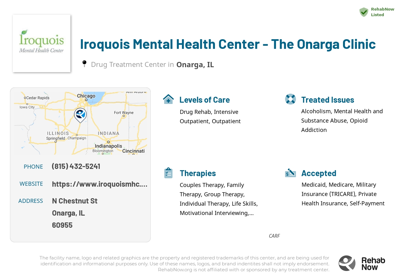 Helpful reference information for Iroquois Mental Health Center - The Onarga Clinic, a drug treatment center in Illinois located at: N Chestnut St, Onarga, IL 60955, including phone numbers, official website, and more. Listed briefly is an overview of Levels of Care, Therapies Offered, Issues Treated, and accepted forms of Payment Methods.
