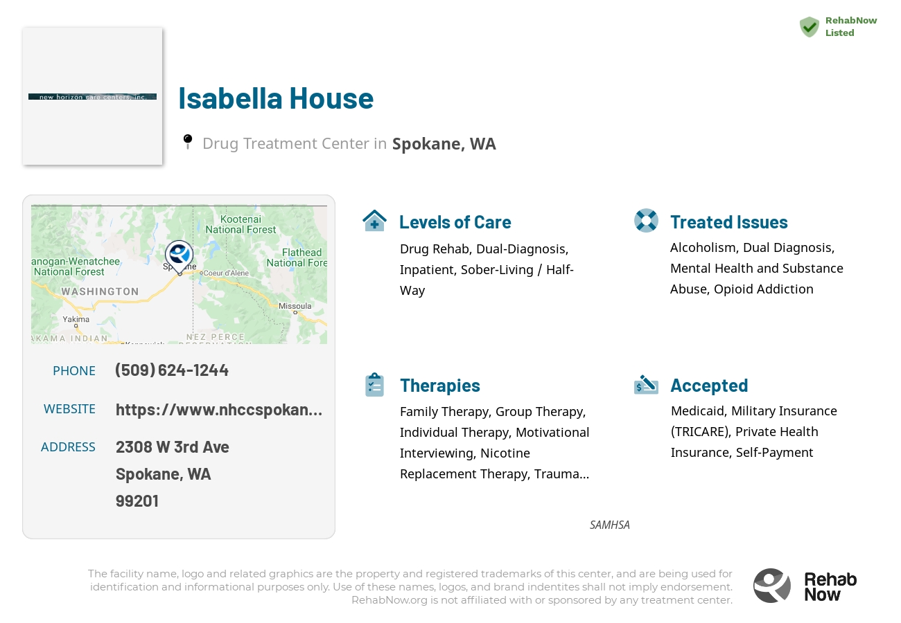 Helpful reference information for Isabella House, a drug treatment center in Washington located at: 2308 W 3rd Ave, Spokane, WA 99201, including phone numbers, official website, and more. Listed briefly is an overview of Levels of Care, Therapies Offered, Issues Treated, and accepted forms of Payment Methods.