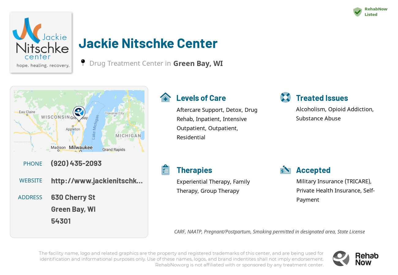Helpful reference information for Jackie Nitschke Center, a drug treatment center in Wisconsin located at: 630 Cherry St, Green Bay, WI 54301, including phone numbers, official website, and more. Listed briefly is an overview of Levels of Care, Therapies Offered, Issues Treated, and accepted forms of Payment Methods.