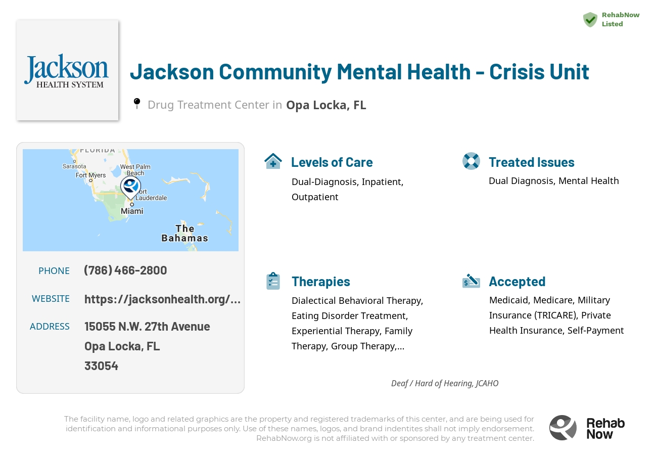 Helpful reference information for Jackson Community Mental Health - Crisis Unit, a drug treatment center in Florida located at: 15055 N.W. 27th Avenue, Opa Locka, FL, 33054, including phone numbers, official website, and more. Listed briefly is an overview of Levels of Care, Therapies Offered, Issues Treated, and accepted forms of Payment Methods.