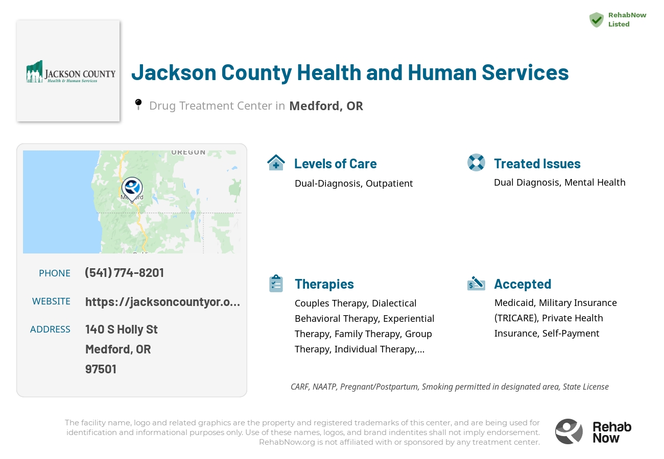 Helpful reference information for Jackson County Health and Human Services, a drug treatment center in Oregon located at: 140 S Holly St, Medford, OR 97501, including phone numbers, official website, and more. Listed briefly is an overview of Levels of Care, Therapies Offered, Issues Treated, and accepted forms of Payment Methods.
