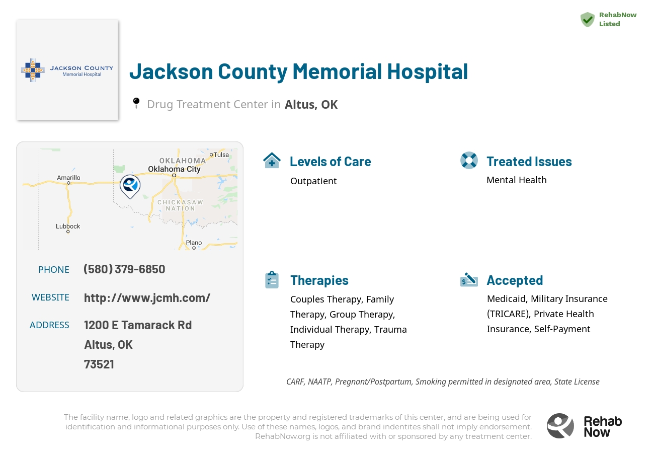 Helpful reference information for Jackson County Memorial Hospital, a drug treatment center in Oklahoma located at: 1200 E Tamarack Rd, Altus, OK 73521, including phone numbers, official website, and more. Listed briefly is an overview of Levels of Care, Therapies Offered, Issues Treated, and accepted forms of Payment Methods.