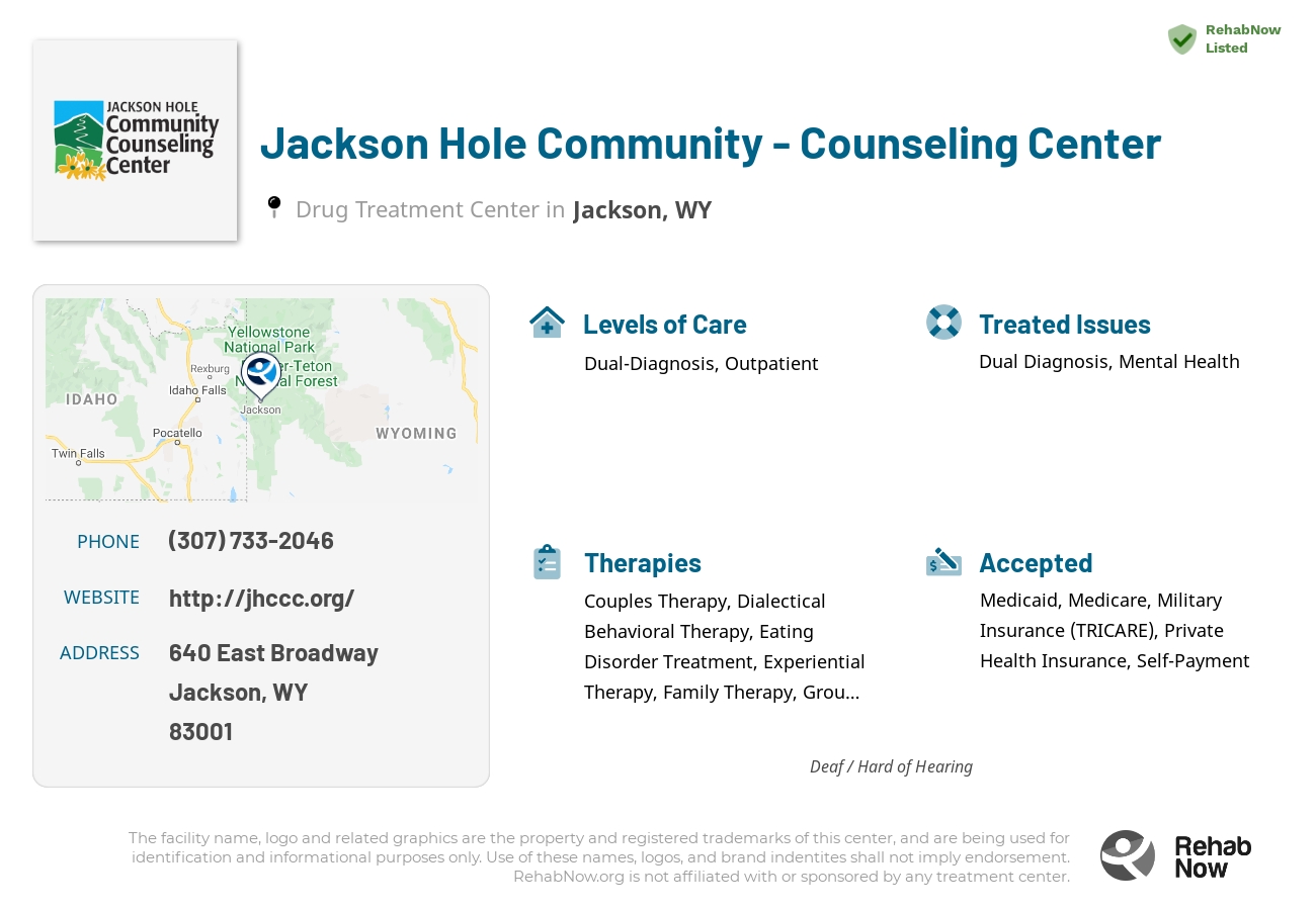 Helpful reference information for Jackson Hole Community - Counseling Center, a drug treatment center in Wyoming located at: 640 640 East Broadway, Jackson, WY 83001, including phone numbers, official website, and more. Listed briefly is an overview of Levels of Care, Therapies Offered, Issues Treated, and accepted forms of Payment Methods.