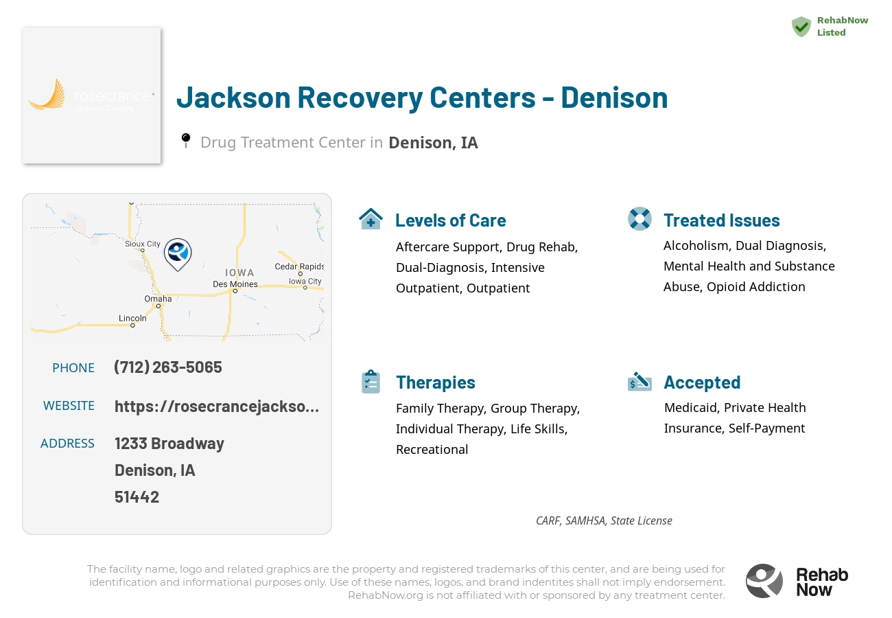 Helpful reference information for Jackson Recovery Centers - Denison, a drug treatment center in Iowa located at: 1233 Broadway, Denison, IA, 51442, including phone numbers, official website, and more. Listed briefly is an overview of Levels of Care, Therapies Offered, Issues Treated, and accepted forms of Payment Methods.