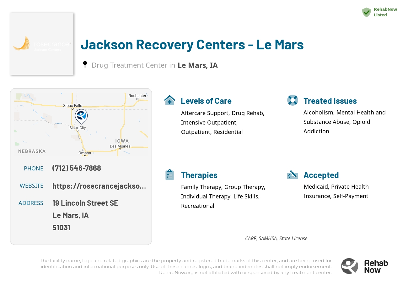 Helpful reference information for Jackson Recovery Centers - Le Mars, a drug treatment center in Iowa located at: 19 Lincoln Street SE, Le Mars, IA, 51031, including phone numbers, official website, and more. Listed briefly is an overview of Levels of Care, Therapies Offered, Issues Treated, and accepted forms of Payment Methods.