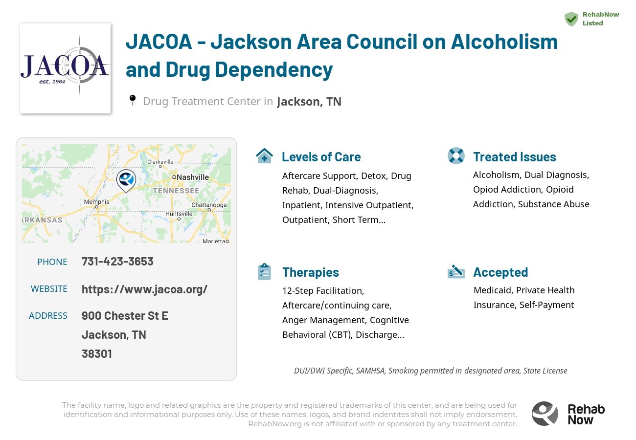 Helpful reference information for JACOA - Jackson Area Council on Alcoholism and Drug Dependency, a drug treatment center in Tennessee located at: 900 Chester St E, Jackson, TN 38301, including phone numbers, official website, and more. Listed briefly is an overview of Levels of Care, Therapies Offered, Issues Treated, and accepted forms of Payment Methods.