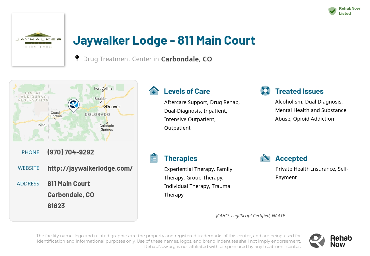 Helpful reference information for Jaywalker Lodge - 811 Main Court, a drug treatment center in Colorado located at: 811 Main Court, Carbondale, CO, 81623, including phone numbers, official website, and more. Listed briefly is an overview of Levels of Care, Therapies Offered, Issues Treated, and accepted forms of Payment Methods.