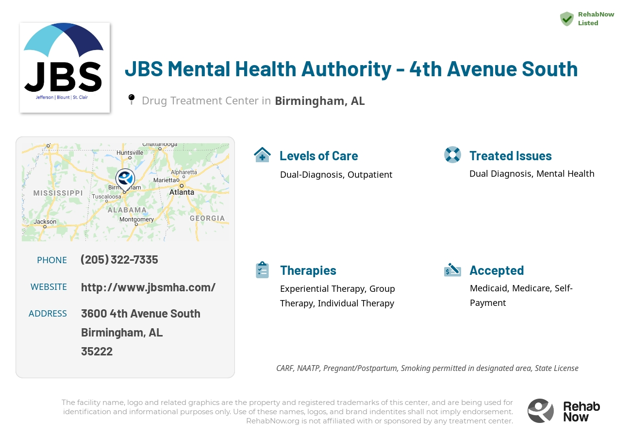 Helpful reference information for JBS Mental Health Authority - 4th Avenue South, a drug treatment center in Alabama located at: 3600 4th Avenue South, Birmingham, AL, 35222, including phone numbers, official website, and more. Listed briefly is an overview of Levels of Care, Therapies Offered, Issues Treated, and accepted forms of Payment Methods.