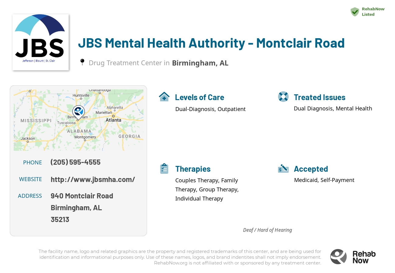 Helpful reference information for JBS Mental Health Authority - Montclair Road, a drug treatment center in Alabama located at: 940 Montclair Road, Birmingham, AL, 35213, including phone numbers, official website, and more. Listed briefly is an overview of Levels of Care, Therapies Offered, Issues Treated, and accepted forms of Payment Methods.